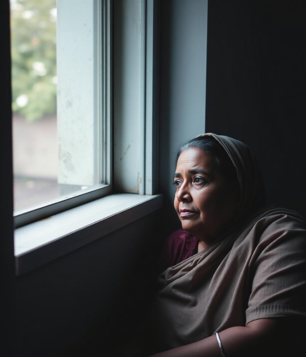 A caregiver sits by a window, looking out thoughtfully