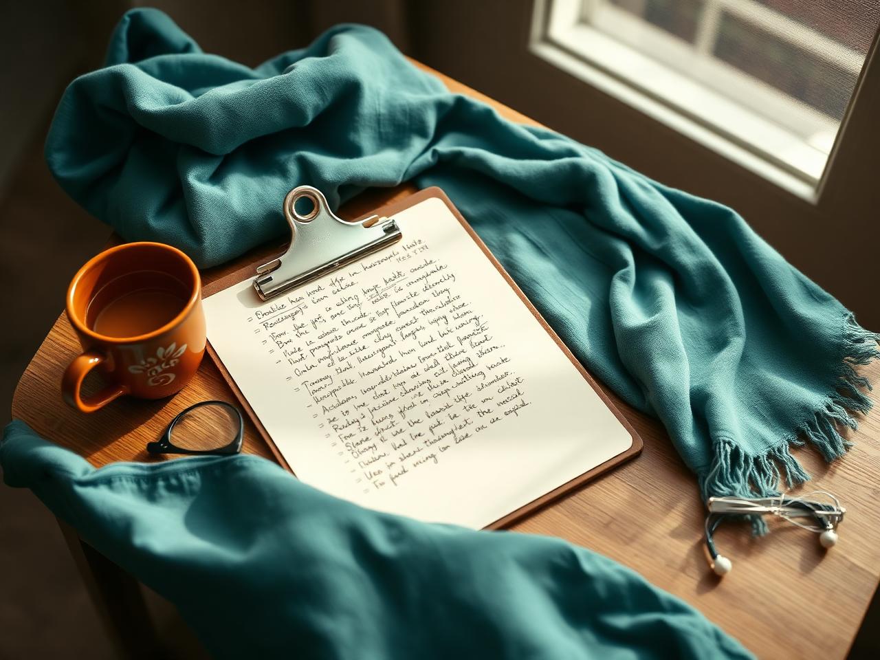A worn clinical clipboard with handwritten assessment notes on an oak table, beside a terracotta chai cup and a folded teal shawl