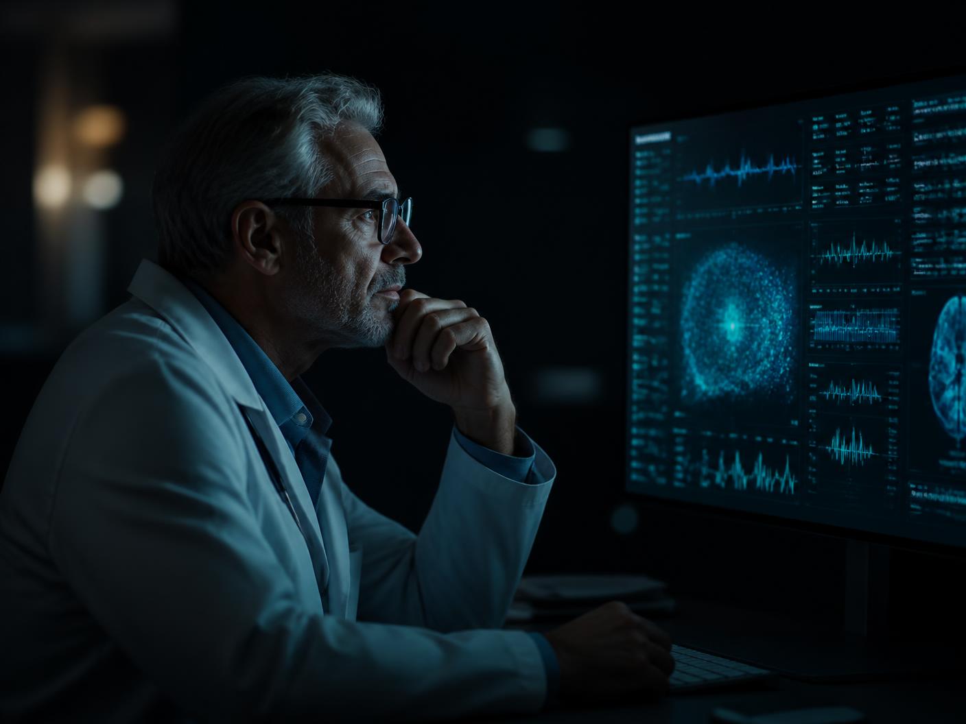 A clinician reviewing a longitudinal assessment dashboard in a dim consultation room