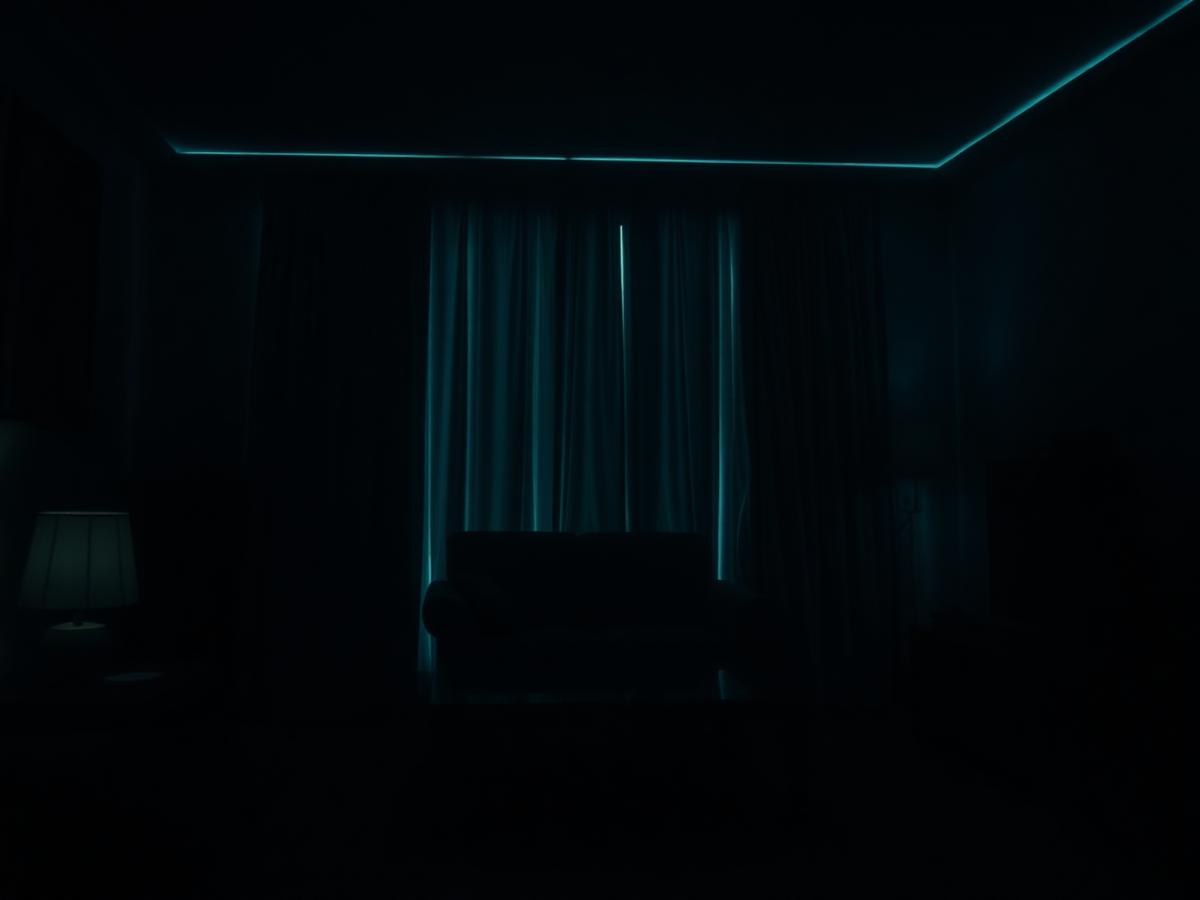 Dim living room at night traced by faint teal sensing light