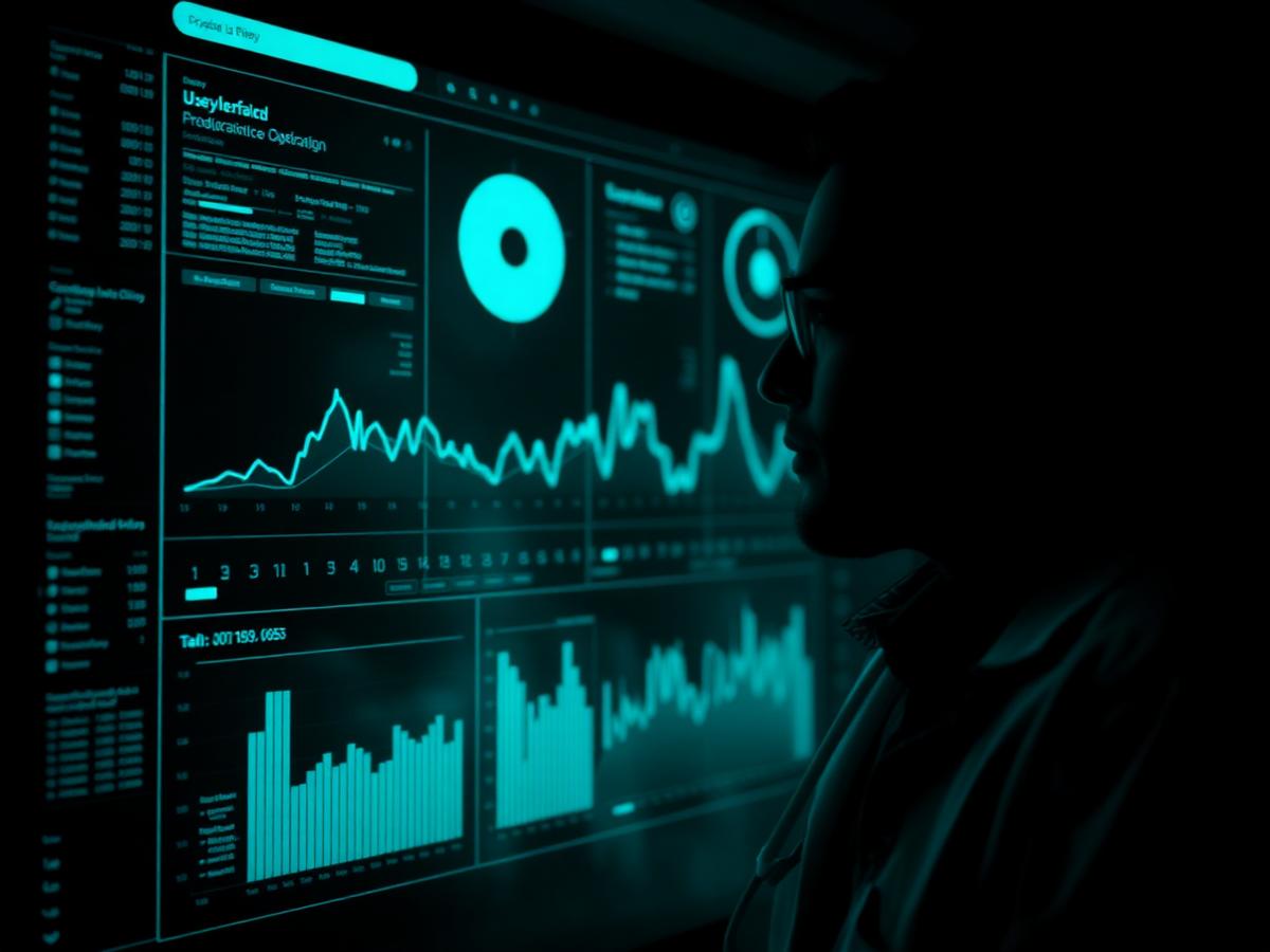 Clinician silhouetted against a glowing teal longitudinal data dashboard