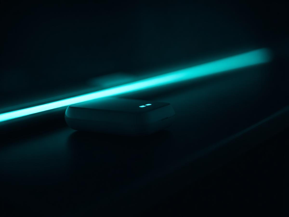 Close view of a small matte white ORMAI sensing device with a teal edge light