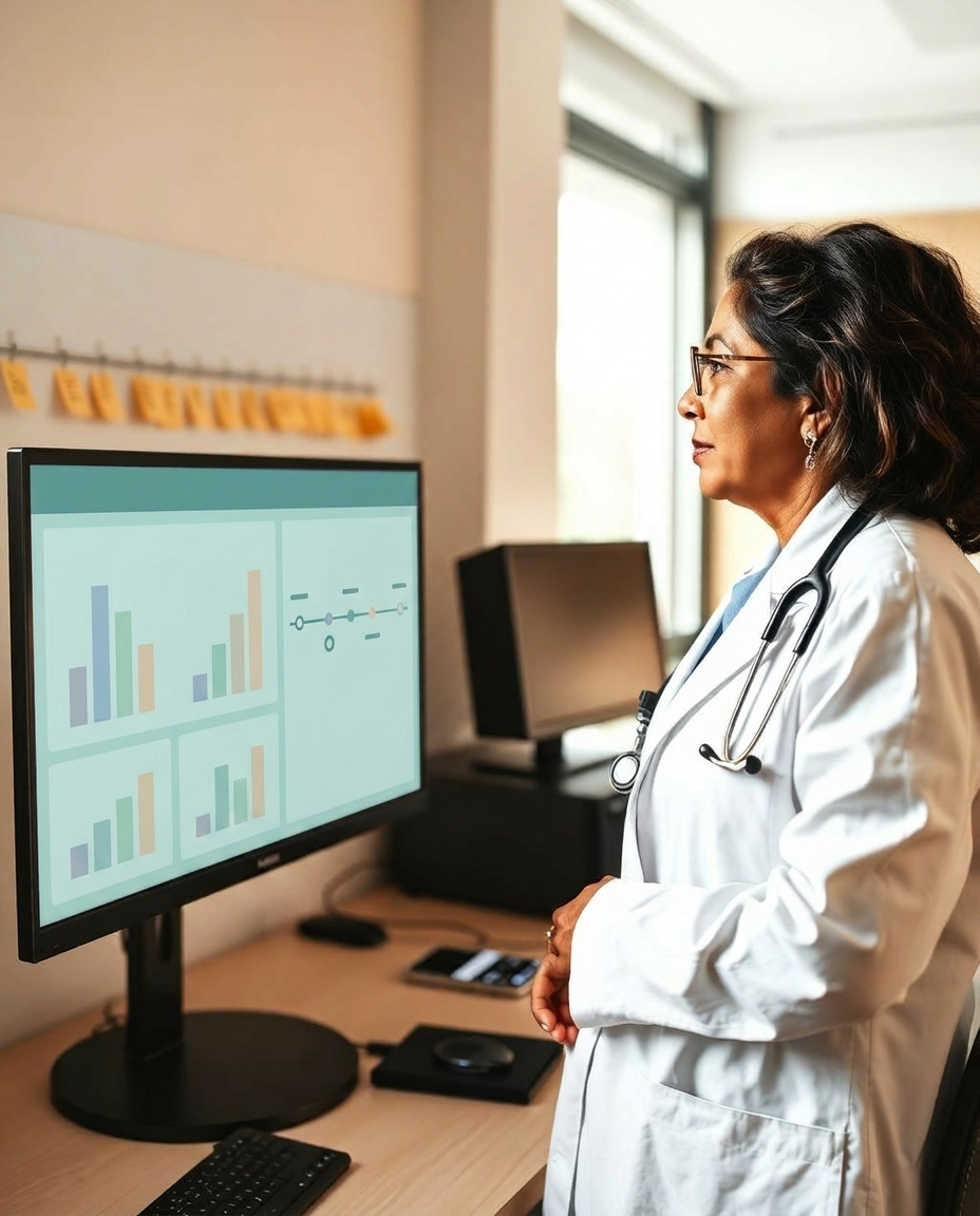 A senior clinician reviewing research timelines and patient data on a monitor