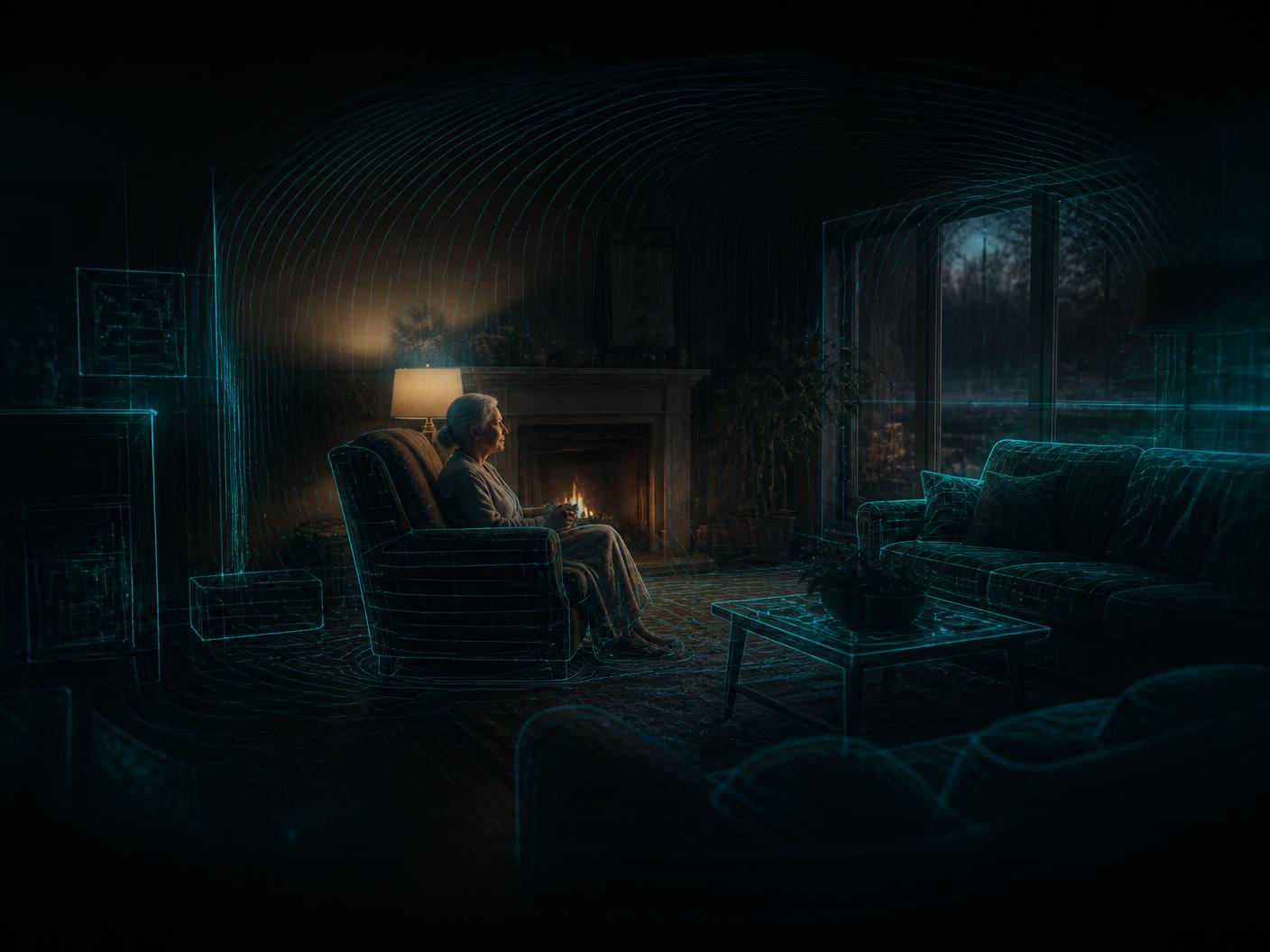 A living room mapped by faint teal signal contours around furniture and a seated resident