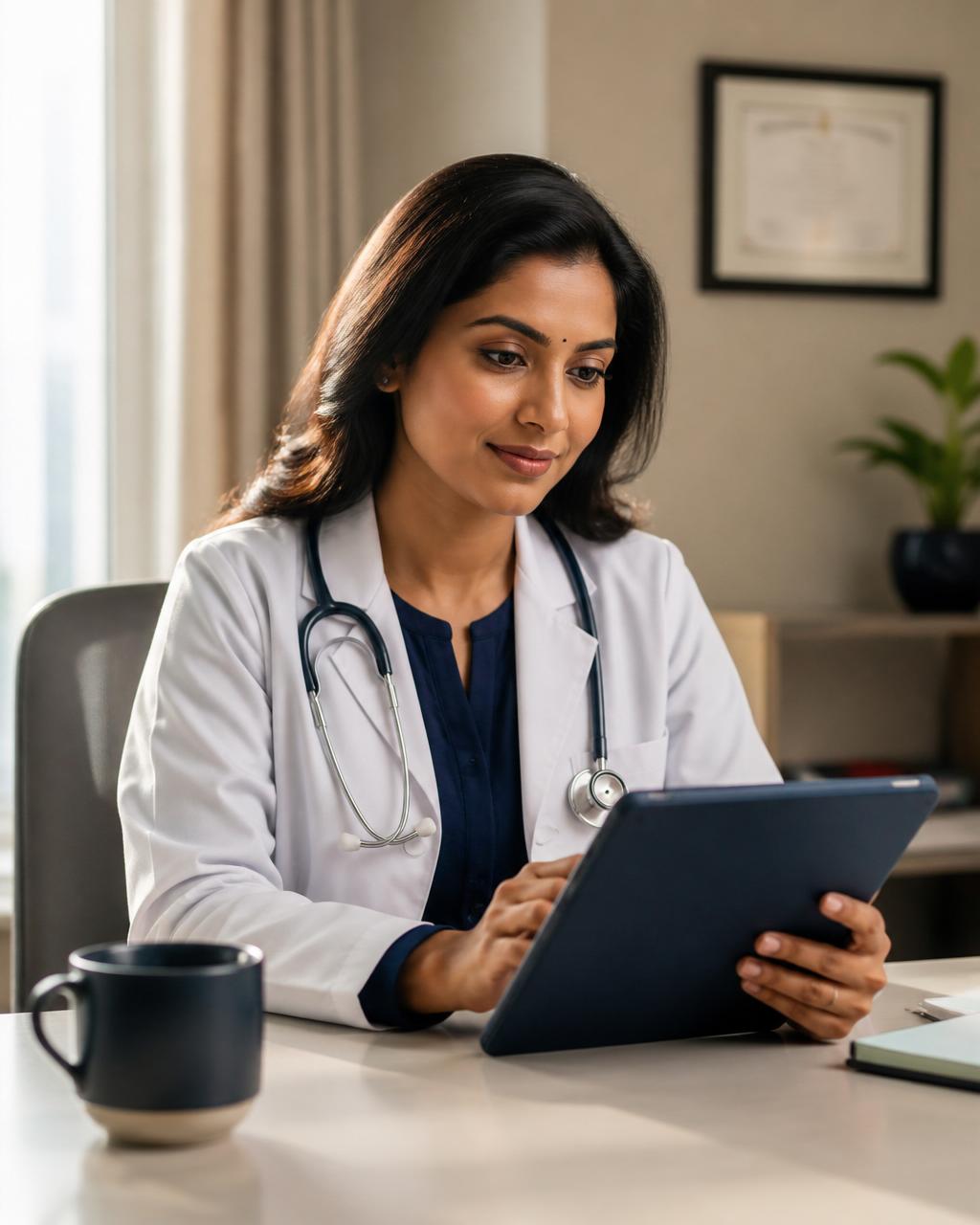 A clinician reviewing medical data on a tablet